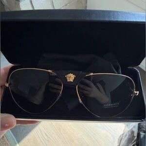 Versace Black Lens Gold-Tone Medusa Aviator Sunglasses